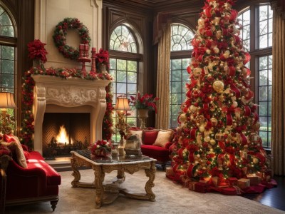 Red And Gold Livingroom With Christmas Tree And Couches