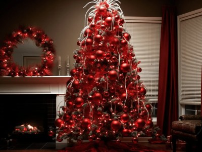 Red Christmas Tree Is Sitting In A Room Filled With Red And White Decorations