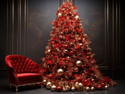 Red Luxury Chair And Christmas Tree In Golden Room