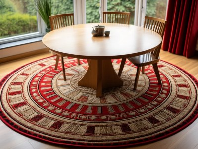 Red Patterned Rug With A Rug And Round Table