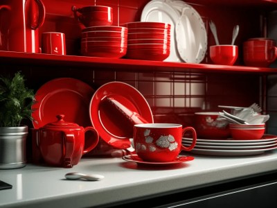 Red Plates And Dishes Are On Display In A Kitchen