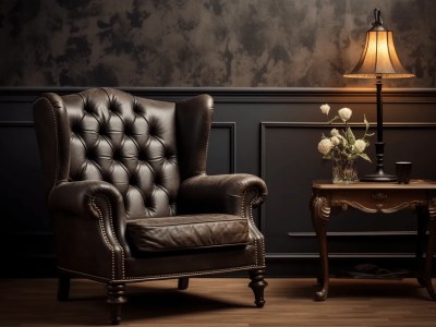 Replete Antique Leather Chair In Front Of Sofa And Modern Table With Lamp On The Wall