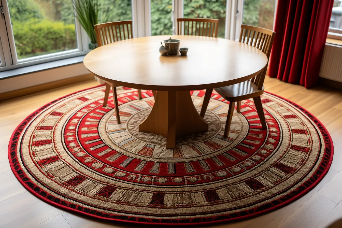 Round dining room table in modern interior, indigenous motifs, red and beige, fujifilm pro 400h, carpetpunk, photo taken with nikon d750, pattachitra, british topographical