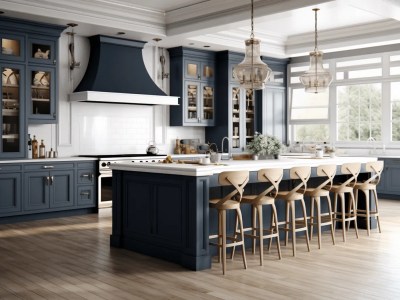 Richness Of A Navy Blue Kitchen With Large Island And Pendant Lights