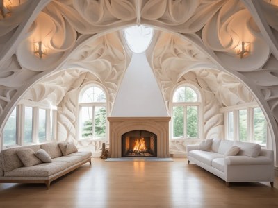 Room Has A Huge Arched Window And Fireplace At Its Center