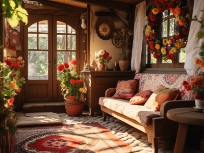 Room With A Sofa And Chairs Decorated With Colorful Flowers And A Wreath