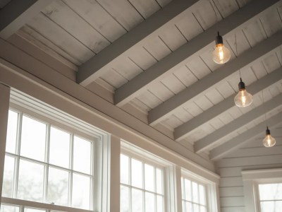 Room With A Wooden Beam Ceiling And Two Lights In It