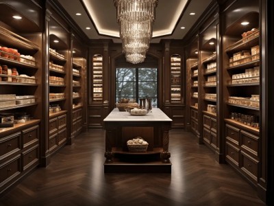 Room With Dark Wood Shelves And Glass