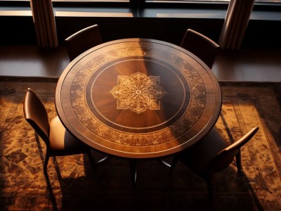 Round Wooden Table With A Rug And Four Chairs