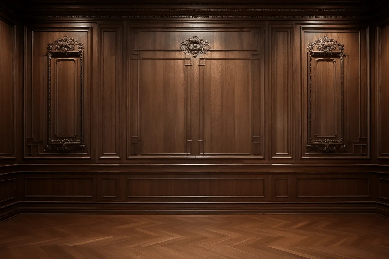 Room with wooden paneling and trianon decoration 3d render  photo 1, intricate woodwork, dark brown, matte photo, tokina opera 50mm f/1.4 ff, theatrical lighting, american tonalism, collecting and modes of display