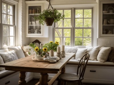 Rustic Wood Dining Room Table Beside White Windows And White Furniture