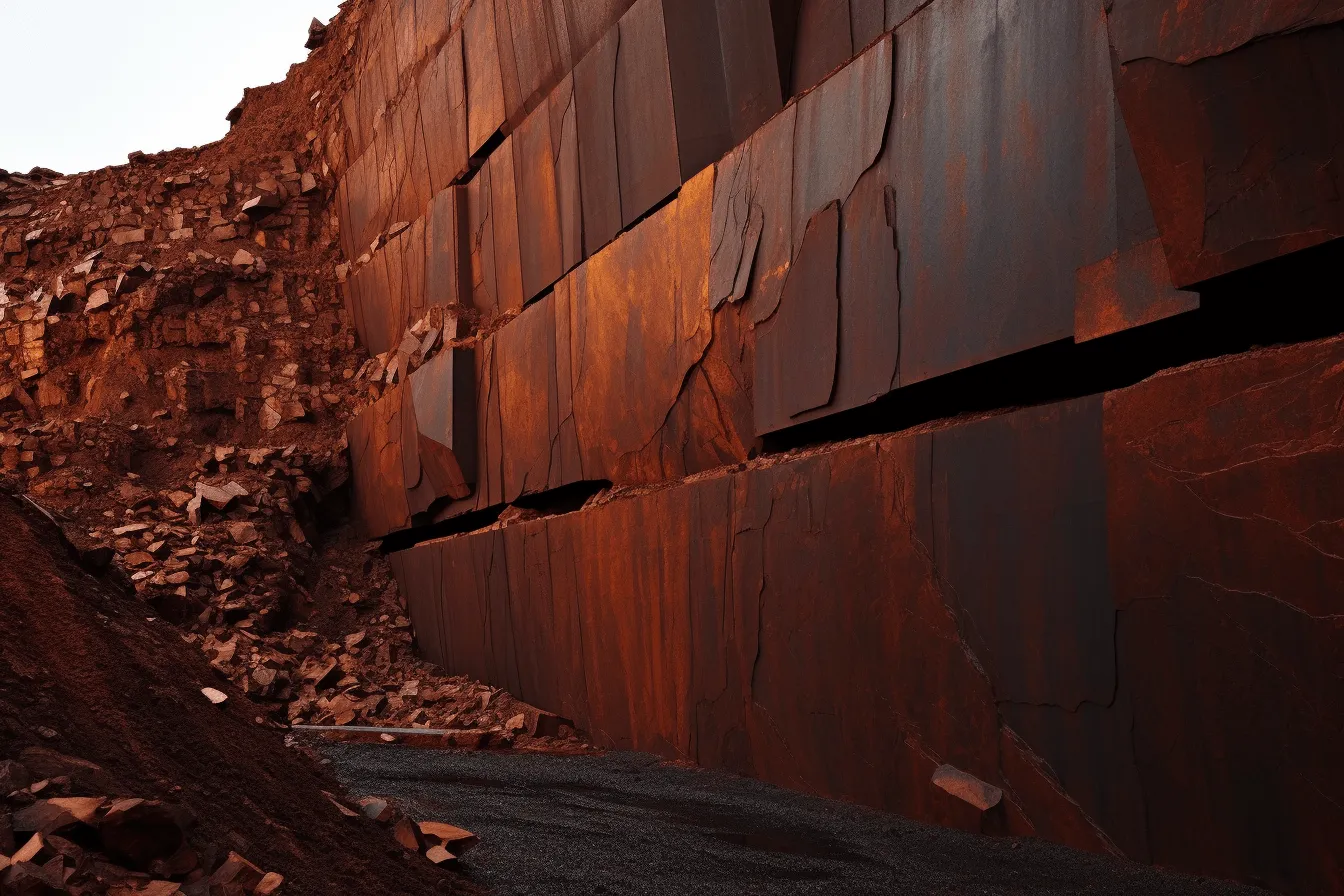 Wall is surrounded by red rocks, contemporary metallurgy, darktable processing, piles/stacks, uhd image, australian tonalism, rusty debris, reflective surfaces