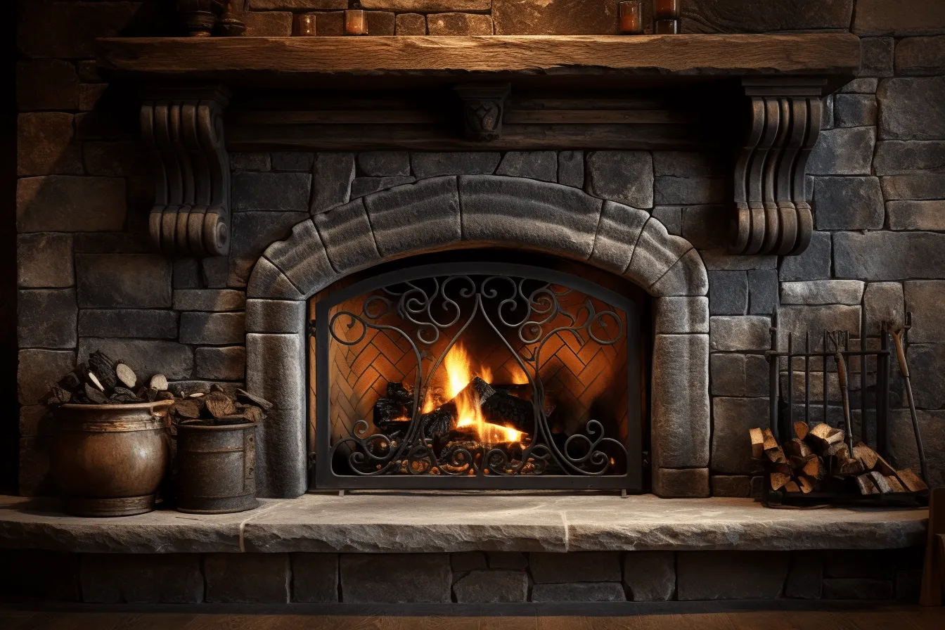 Fireplace with brick fireplace and metal pots on it, gothic dark and ornate, 8k resolution, dark amber and gray, soft and dreamy atmosphere, arched doorways, uhd image, cabincore