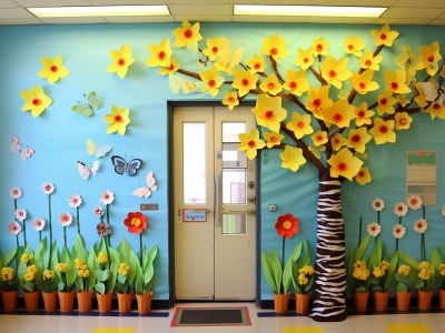 School Hallway Decorated With Flowers, Trees, And Butterflies