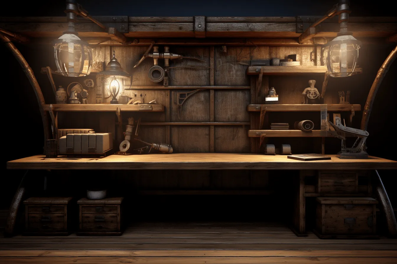 Image of workstation, reimagined by industrial light and magic, adventure themed, realistic lighting, intricate woodwork, darktable processing, staining, backlight