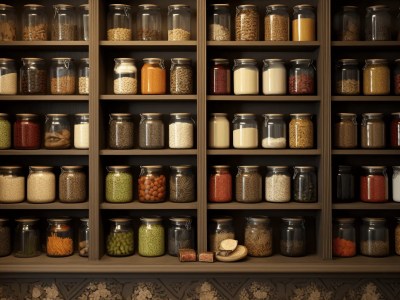 Shelves Of Various Jars Filled With Spices