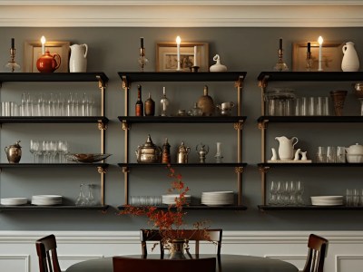 Shelves With White Decorations Are On The Wall By The Dining Room Table