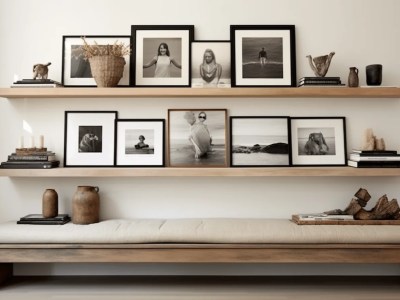 Simple White White Shelving Space With Black And White Photographs