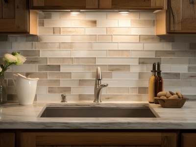 Sink Countertop With The Backsplash Is Set On A Wood Countertop