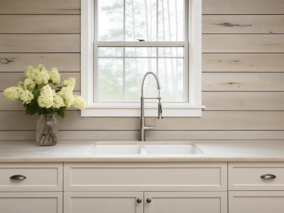 Sink Is In A White Kitchen With Wooden Walls