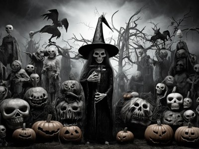 Skeletons And Witches Surrounded By Hundreds Of Pumpkins