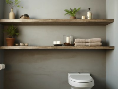 Small Toilet With Wooden Shelves On The Wall