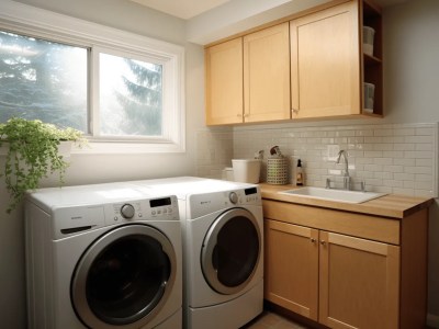 Small Washing Room In A New Home With Cabinets And Wood