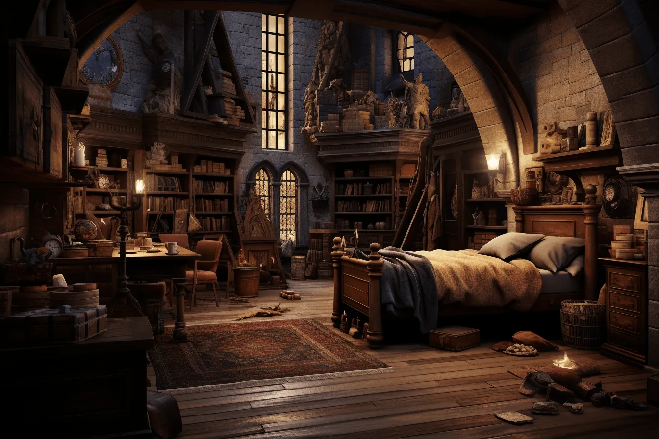 Utah studios harry potter room, rendered in unreal engine, historical romanticism, light-filled compositions, navy and brown, atmospheric skies, detailed character illustrations, sleepycore