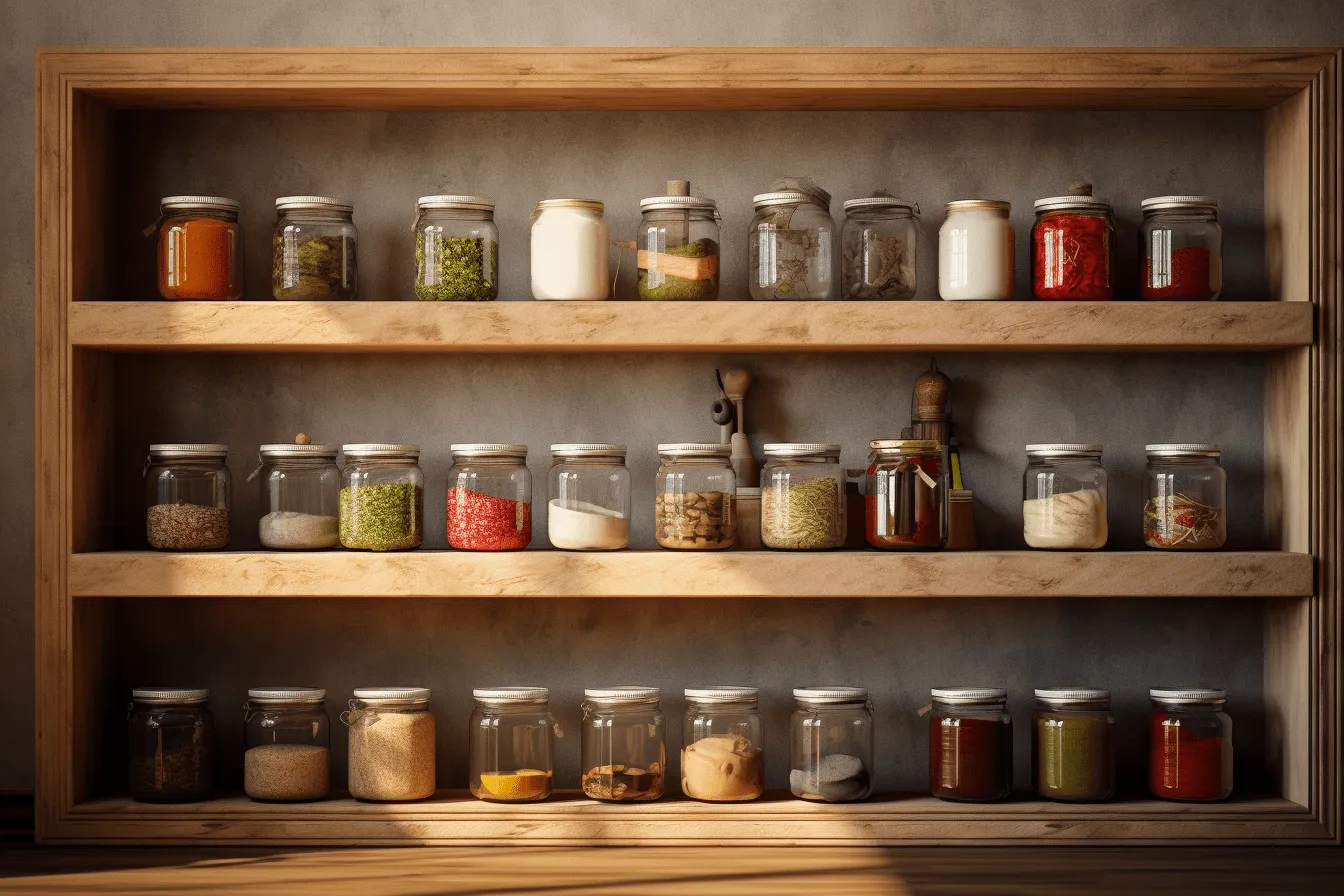 Wooden shelf full of old jars of spices, photorealistic rendering, octane render, realistic depictions of everyday life, daz3d, sustainable architecture, high quality photo, uhd image