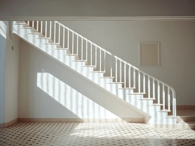 Stair A White Stairway In The Hallway With Sunlight Outside