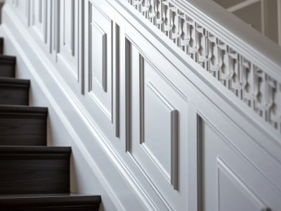 Stair Tread With Decorative Inlay In White Wooden Paneling On Black Wood Stairs