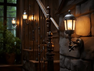 Staircase Lit By A Wrought Iron, Rustic Lamp