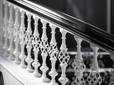 Staircase Made With White And Black Decorative Spindles And Wrought Iron Railings