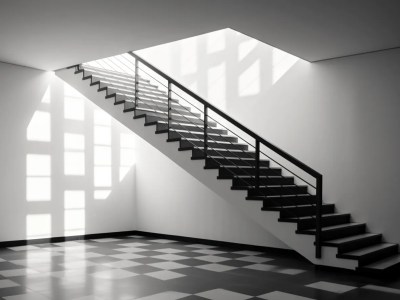 Stairs Inside Black And White Room, With The Sun Coming Through The Glass