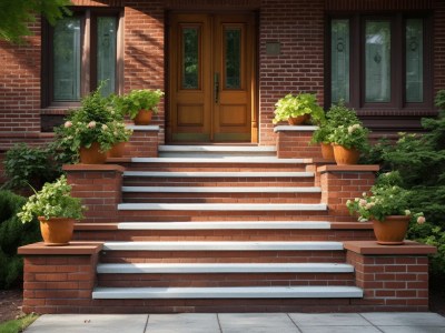 Stairs Leading To The Front Door Of A House With Some Potted Plants In Between Them