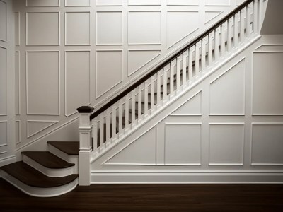 Stairs With White Paneling And Wooden Balusters