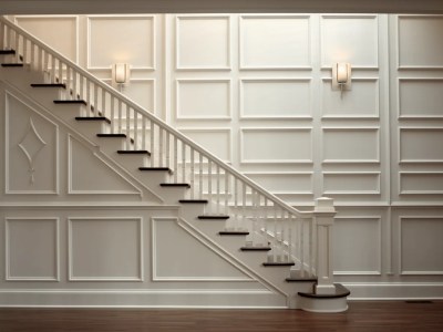 Stairway With White Paneling And A Lamp That Is S