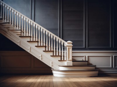 Stairwell Standing Alone In Tall, Dark Grey Room With White Stairs