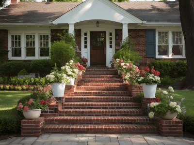 Steps Leading To The Front Of A Brick House With Flowers