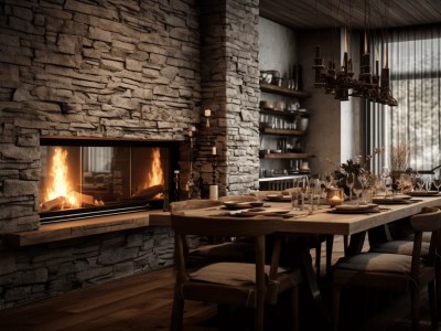 Stone Fireplace At Dining Room With Modern Table And Chair