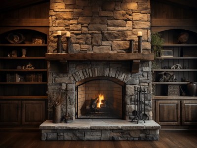 Stone Fireplace With Shelves And Open Shelves