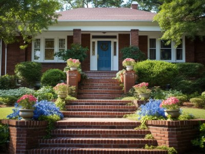 Stone Steps To A Brick Home Filled With Flowers And Blue Hydrangeas