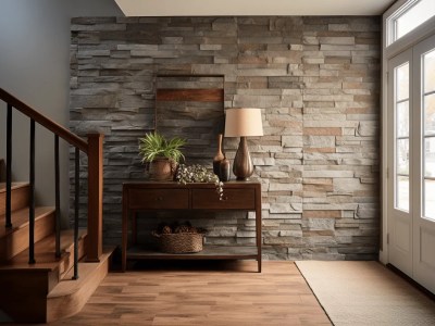 Stone Wall In The Entrance Hall With A Wooden Table And Lamp