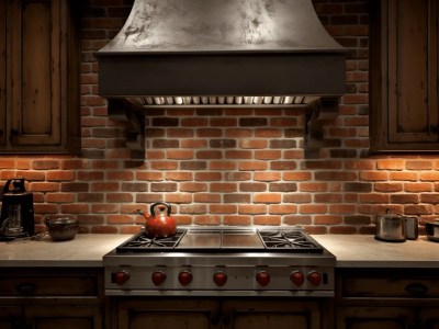 Stove With A Brick Wall And Light Fixtures