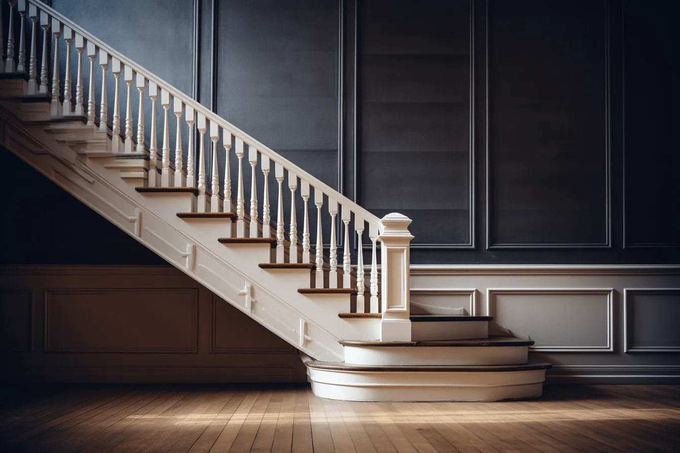 Staircase in dark room, dark gray and beige, classical architectural details, american tonalism, realistic hyper-detail, white and navy, caravaggesque, wood