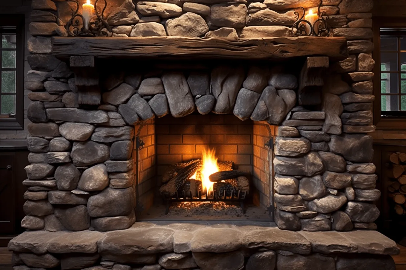 Stone fireplace surrounded by wood, 8k resolution, weathercore