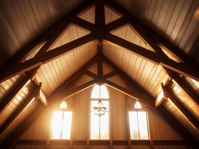 Sunlight Pours Into An Open Stained Glass Window In A Wood Church Building