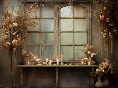 Table In Front Of The Window With Candles With An Old Window And Flowers