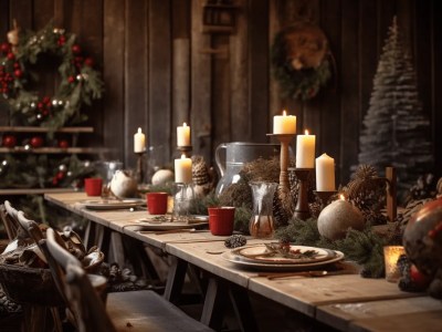 Table Is Set Up For Christmas With Candles And Decorations