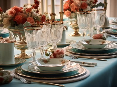 Table Setting On Table And Chairs Is Decorated With Roses And Gold